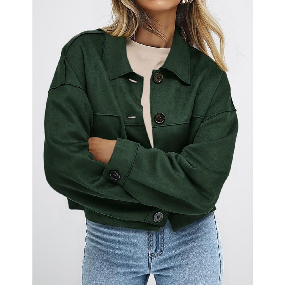 Women's Dark Green Faux Suede Cropped Jacket Casual Lightweight Fall Fashion - Picture 3 of 5